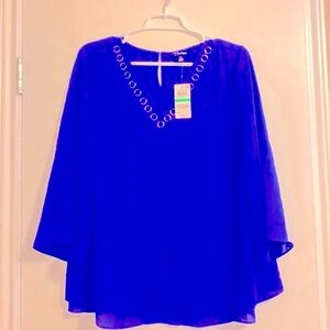 Thalia Sodi royal Blue V-neck metal accent studded draped blouse
